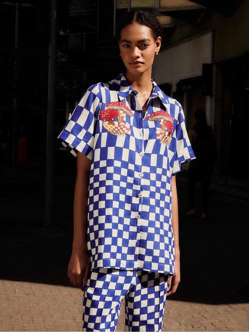Farm Rio Blue Dream Checkered Short Sleeve Shirt
